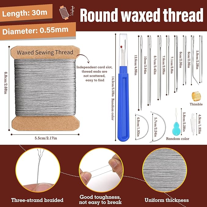 Upholstery Repair Kit, Thread Repair Sewing Kit and Upholstery Needle, 3 Colors 0.55mm Waxed Thread with 8 Pcs Heavy Duty Leather Needles for Hand Stitching, Canvas & Quilting