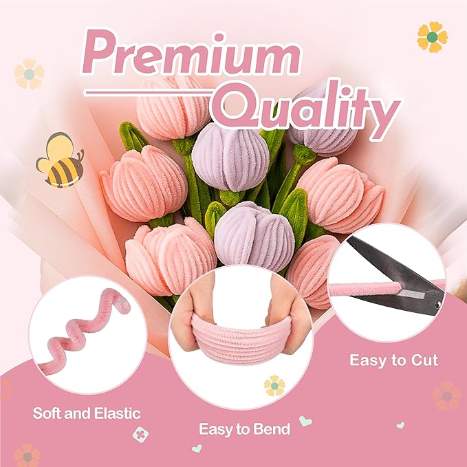 400 PCS Pipe Cleaners Craft Bulk,4 Assorted Colors Chenille Stems for DIY Flower Making Kit with Floral Wire, Gardening Tape, Stamen & Ribbon, Pipe Cleaners Flowers, Arts and Craft Supplies for Kids