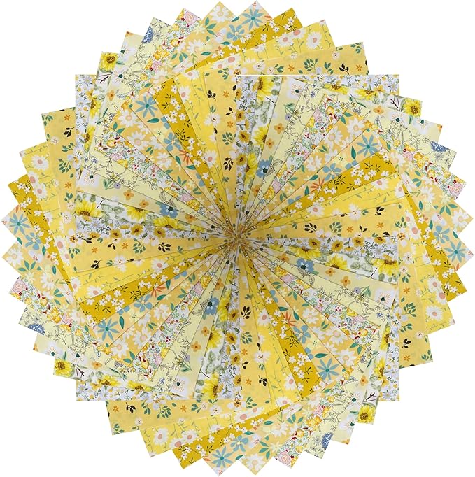 HANPATQUI 50PCS 8 x 8 inch Yellow Printed 100% Cotton Fat Quarters Fabric for Sewing and Quilting Bundles Precut Fabric Square for DIY Craft Patchwork