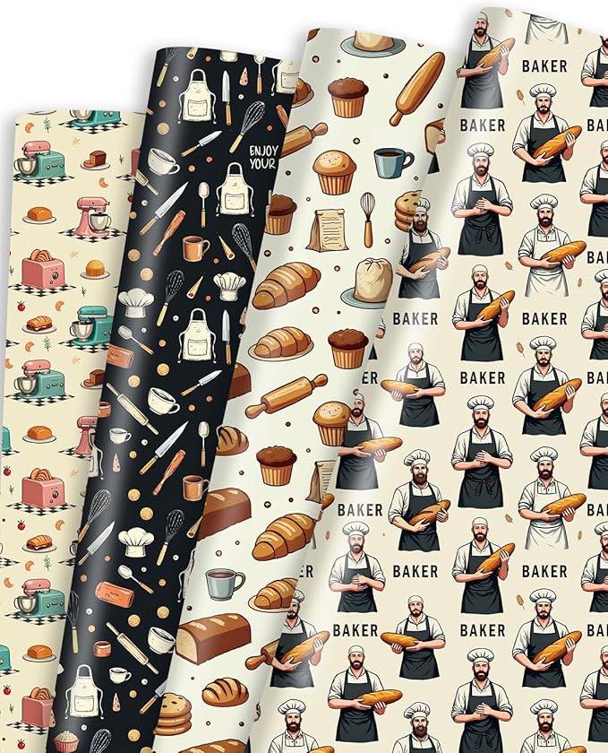 Pineraap 12 Sheets Baking Theme Wrapping Paper, Cute Baker Design Gift Wrap Paper with Croissant, Bread, Folded Flat Art Paper for Baking Lover, Baker, Birthday, DIY Crafts, 19.7 x 27.6 Inch