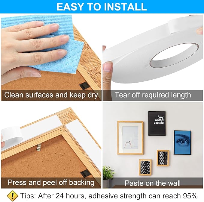 ToLanbbt Double Sided Foam Tape 0.5In x 10FT, Mounting Tape Heavy Duty, Strong Adhesive Weatherproof Seal Strips for DIY Craft Picture Poster, Car & Gap Filling Mountings, Home Office Decor (White)