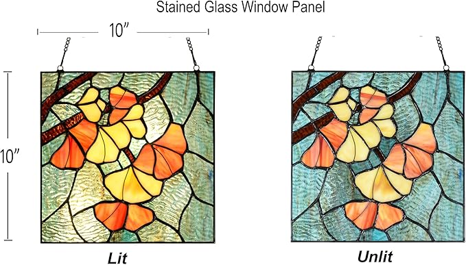 PA0005 Stained Glass Ginkgo Leaf Hanging Panel-10 Wx10 H Window Suncatcher Window Décor Tiffany Style Wall Décor Hanging Art