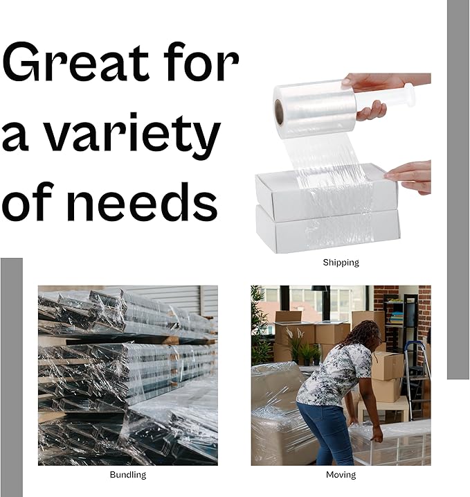 PSBM Mini Stretch Wrap with Handle, 12 Pack, 6 Inch x 1000 Feet, 80 Gauge, Clear, Small Plastic Cling Film for Pallets Moving Storing