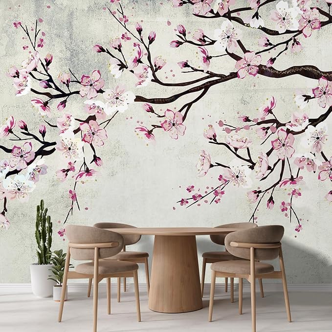 wall26 Large Wall Mural Watercolor Style Ink Painting Pink Cherry Blossom on Vintage Wall Background | Self-Adhesive Vinyl Wallpaper/Removable Modern Wall Decor - 108x120 inches