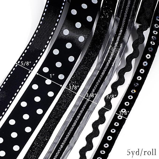 LaRibbons Black Ribbons for Crafts 6 Rolls Assorted Black Ribbons with Polka Dots, Glitter and Sequins for Gift Wrapping, DIY Crafts, Hair Bows, Sewing and Party Decorations, 30 Yards