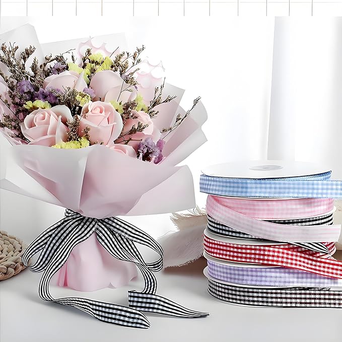 Classic Gingham Checkered Ribbon, Assorted Colors Premium Polyster Plaid Checkered Craft Ribbon for Gift Wrapping, DIY Projects, Hair Bows,Scrapbooking & Party Decor (Black, 3/8x50Yd)