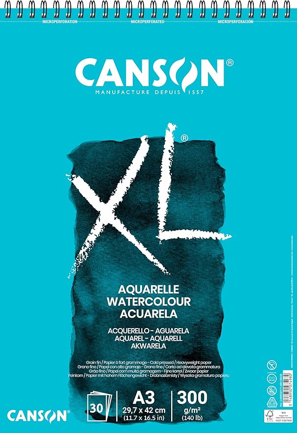 Canson XL Watercolour 300gsm A3 Paper, Cold Pressed, Spiral Pad Short Side, 30 White Sheets, Ideal for Professional Artists