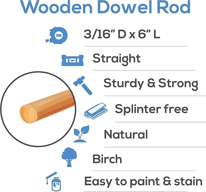 Dowel Rods Wood Sticks Wooden Dowel Rods 3/16 x 6 Inch Unfinished Hardwood Sticks for Crafts and DIYers 250 Pieces by Woodpeckers
