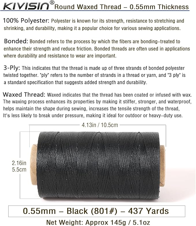 Sturdy Bonded Waxed Polyester Thread, 0.55mm, 437 Yards Wax String Cord - Black for Leather, Hand Sewing, Stitching, Beading, Bookbinding, Bracelets and Macrame Jewelry Making