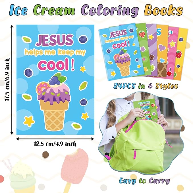JAPBOR Ice Cream Coloring Books - 24PCS Mini Summer Religious Color Book Bulk for Kids Party Favors, Christian Jesus Small Colour Pages for Sunday School Class Drawing Painting Games Goodie Bag Filler