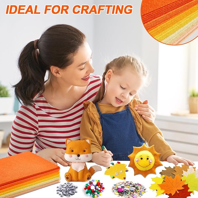 42Pcs Fall Felt Fabric Sheets 8 x 12 Inch Thanksgiving Yellow Orange Assorted Soft Thick Felt Pack with Wiggle Google Eyes Pom Poms Glitter Patchwork for Autumn DlY Sewing Creative Art Project Decor