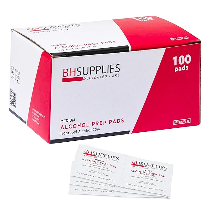 BH Supplies Alcohol Prep Pads | Medical Grade, Sterile, Individually Wrapped, 70% Isopropyl Alcohol, Medium 2-Ply, 100-Pack