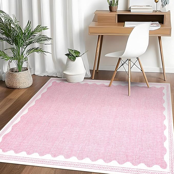Scalloped Washable Rug 5x7 Area Rugs for Living Room, Solid Pink Rugs for Bedroom Girls, Non Slip Scalloped Rug Throw Mat with Rubber Back, Soft Dorm Nursery Low Pile Carpet for Dining Room