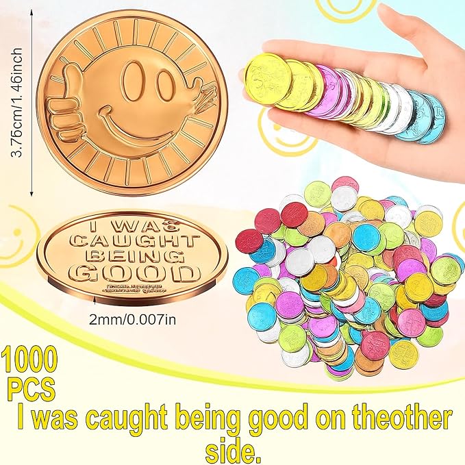 Jerify 1000 Pcs I was Caught Being Good Coins for Kids Behavior Tokens Laugh Face Plastic Reward Colored Pretend Coin Carnival Halloween Party Counting (Laugh Face)