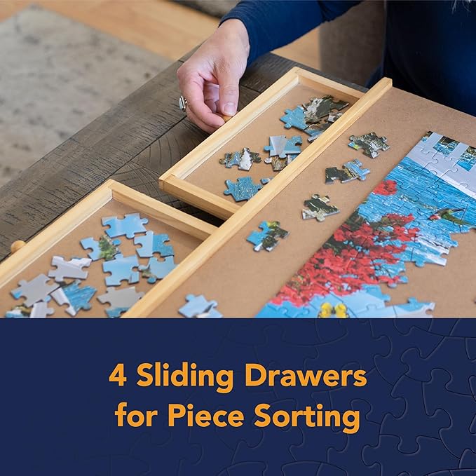 Bits and Pieces Puzzle Board with Drawers – 1500 Piece Jigsaw Puzzle Table Organizer – Premium Wooden Puzzle Board for Adults, 26"x35" Smooth Non-Slip Surface, Portable Puzzle Table with Sorting Trays