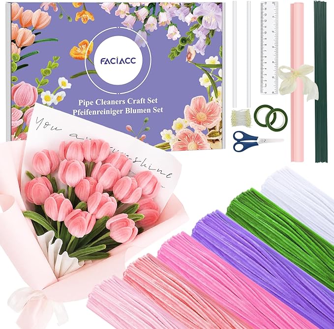 FACIACC 600PCS Pipe Cleaners Craft, 6 Assorted Colors Chenille Stems for DIY Bouquet Christmas Gift Party Decor (Pink)