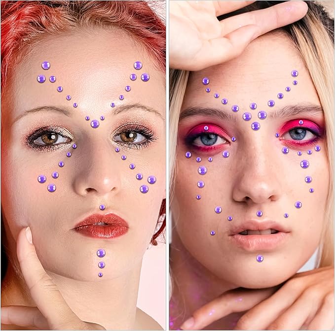 Self Adhesive Face Gems and Pearls for Makeup, Festival Jewels, Hair Gems Pearls, 3/4/5/6/8 mm Round Rhinestone Stickers for Face, Eye, Makeup, Body, Crafts 591Pcs (18_Light Purple)