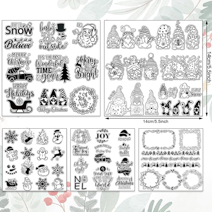 Whaline 5 Sheet Christmas Clear Stamps Wreath Snowman Gnome Silicone Transparent Stamps Greeting Words Border Stamp Cards for DIY Craft Card Making Scrapbooking Embossing Album Decor
