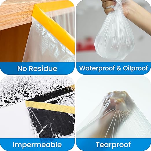 TAPEBEAR Upgrade Pre-Taped Masking Film Extra Thick, High Temp Tape and Drape 22" x 90', Plastic Cover for Automotive, Painting, Plastic Sheeting Masking Tape Film for Auto, Floor, Furniture, 4Rolls