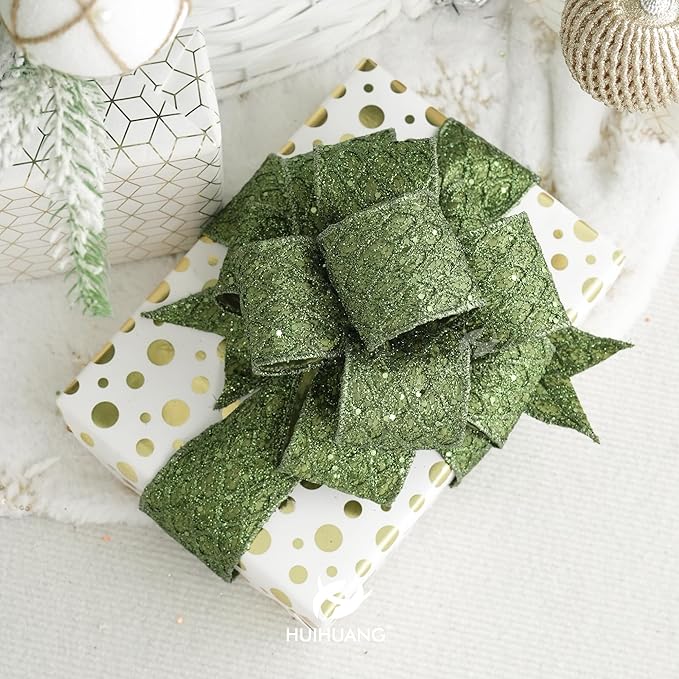 HUIHUANG Moss Green Wired Christmas Ribbon 4 inch Moss Glitter Wired Ribbon Diamond Mesh Wire Ribbon for X-mas Tree Decorations, Wreaths, Garland, Large Bows Making, Home Decor -10 Yards