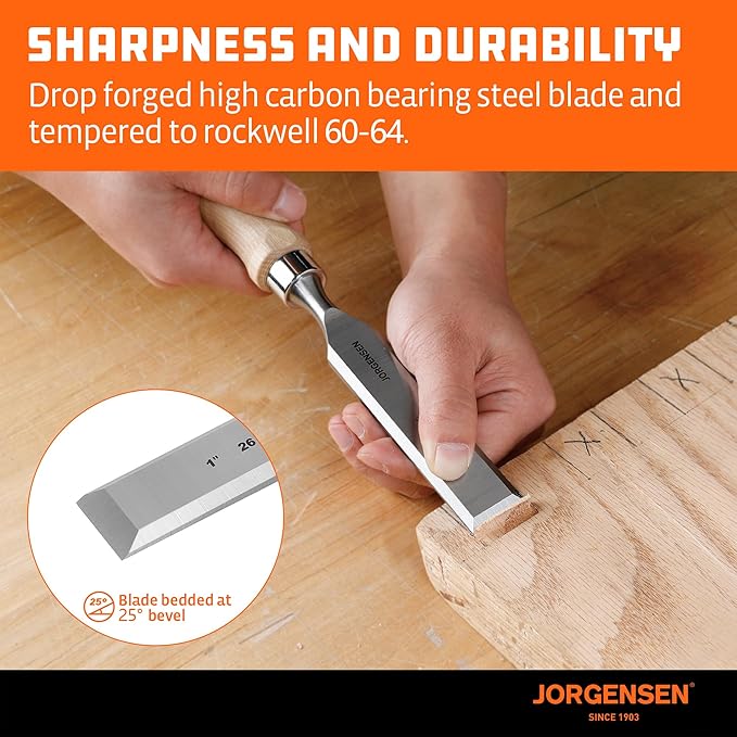 Jorgensen 4-Piece Wood Chisel Set, Chromium Alloy Steel Beveled Edge Wood Chisels, Wood Chisels for Woodworking, Ergonomic Hardwood Handle with Metal Ferrule, 1/4", 1/2", 3/4", 1"