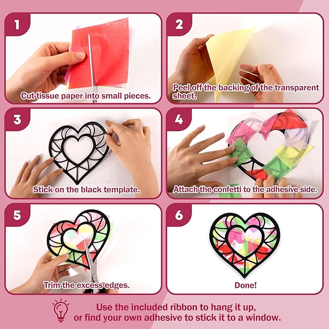 Renbuzhu 40PCS Valentines Day Crafts: Paper Heart Suncatchers, Valentine's Classroom DIY Kits, Window Stained Glass Effect Art Supplies