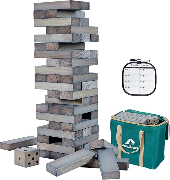 ApudArmis 54 PCS Tumble Timber Set Up to 3.2FT, Pine Wooden Tumble Tower Game with Dice and Scoreboard Set - Classic Block Stacking Board Game for Adults Teenagers (Gray)