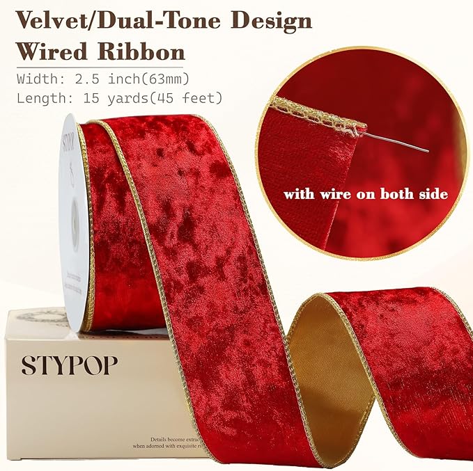 Red Christmas Velvet Ribbon Wired (2.5" × 15 Yards) - Christmas Ribbon for Christmas Tree Decoration/Gift Wrapping/Crafts Wreaths Supplies