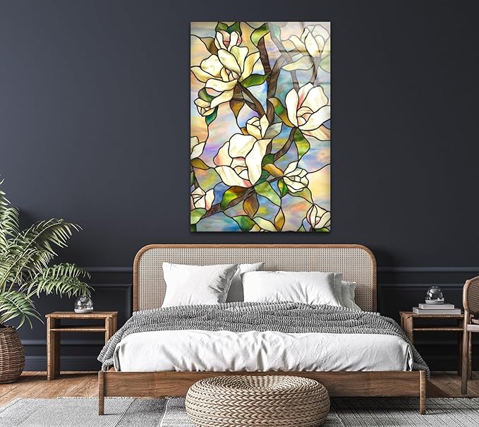 My Photostation.com Round 31,5'' Stained Magnolia Glass Wall Art Tempered Glass Printing Wall Decor Large Wall Art Wall Hangings