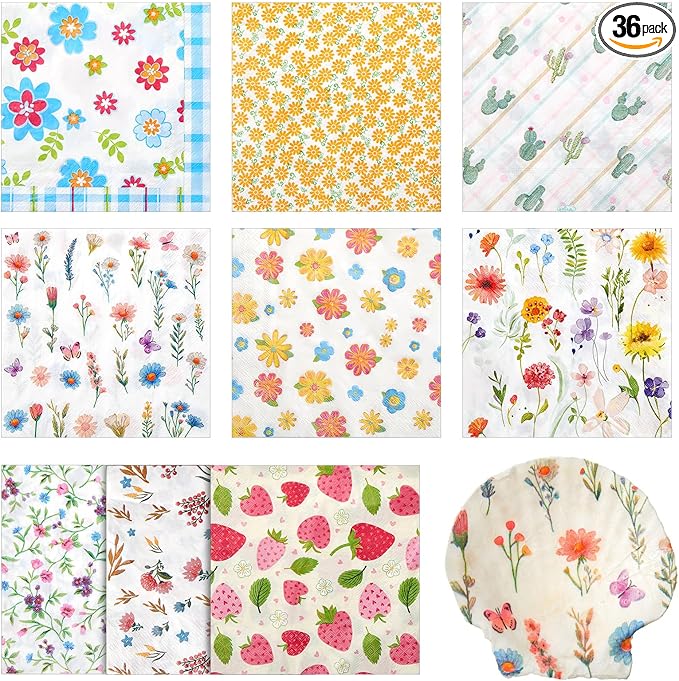 Crtiin 36 Pack 9 Styles Decoupage Napkins Assorted Floral Decorative Decoupage Napkins Chinoiserie Cocktail Paper for DIY Crafting Birthday Party, Each Unfolded 13 Inch (Little Colorful Floral)