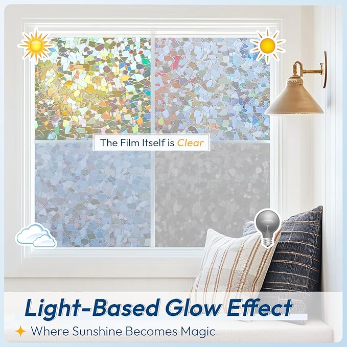 rabbitgoo Rainbow Window Privacy Film Decorative Stained Glass Diamond Pattern Window Sticker with Iridescent Tint Non-Adhesive Static Cling for Home Office Crystal Pattern, 35.4 x 157.4 inch
