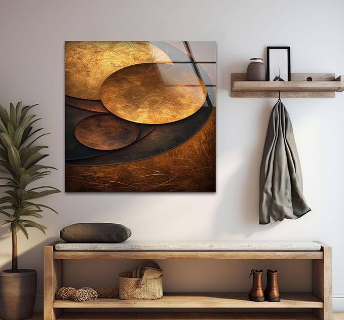 My Photostation.com 27Wx43H'' Bronze Art Deco Geometric Motifs Glass Wall Art Tempered Glass Printing Wall Decor Large Wall Art Wall Hangings