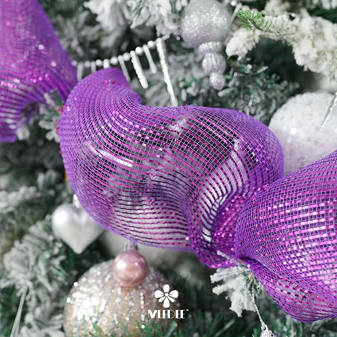 MEEDEE Purple Deco Mesh 10 Inch Deluxe Wide Foil Metallic Mesh Decorative Mesh Wide Purple Mesh Ribbon Halloween Mesh for Wreaths, Christmas Tree, Garland, Gift Wrapping, Bows Making (30 Feet)