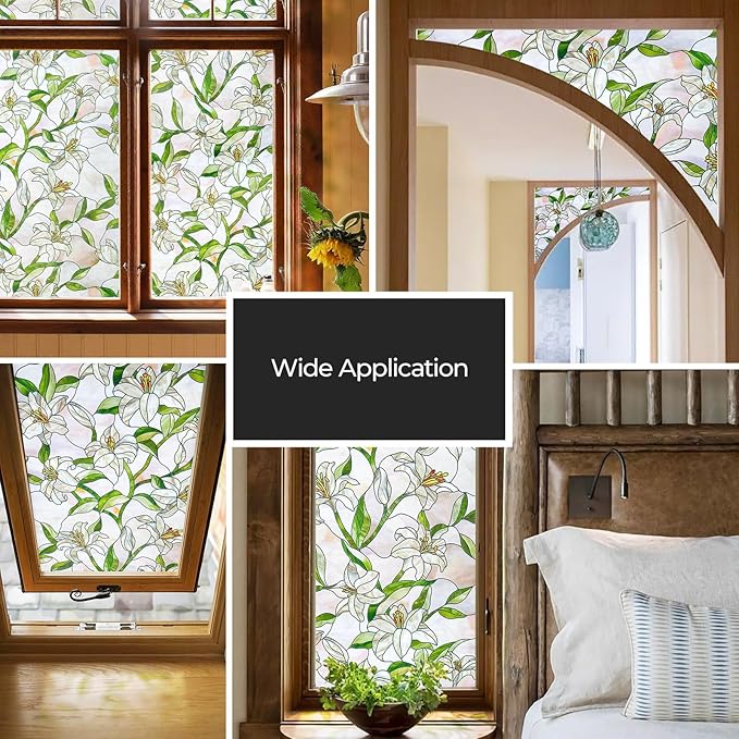 3D Stained Glass Window Film, Decorative Window Privacy Film for Bathroom, Front Door, Home, Sun Blocking Heat Control, Static Cling,White Lily 17.3inch x 47.2inch