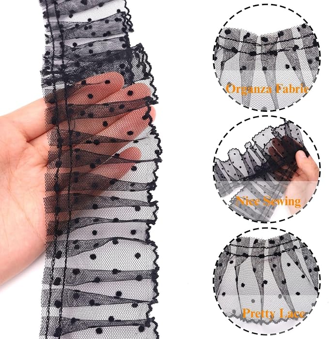 Dots Lace Ruffle Trim for Sew, Crafts 2.4" x5yd Single Layer Pleated Edge Lace Ribbon (Black)