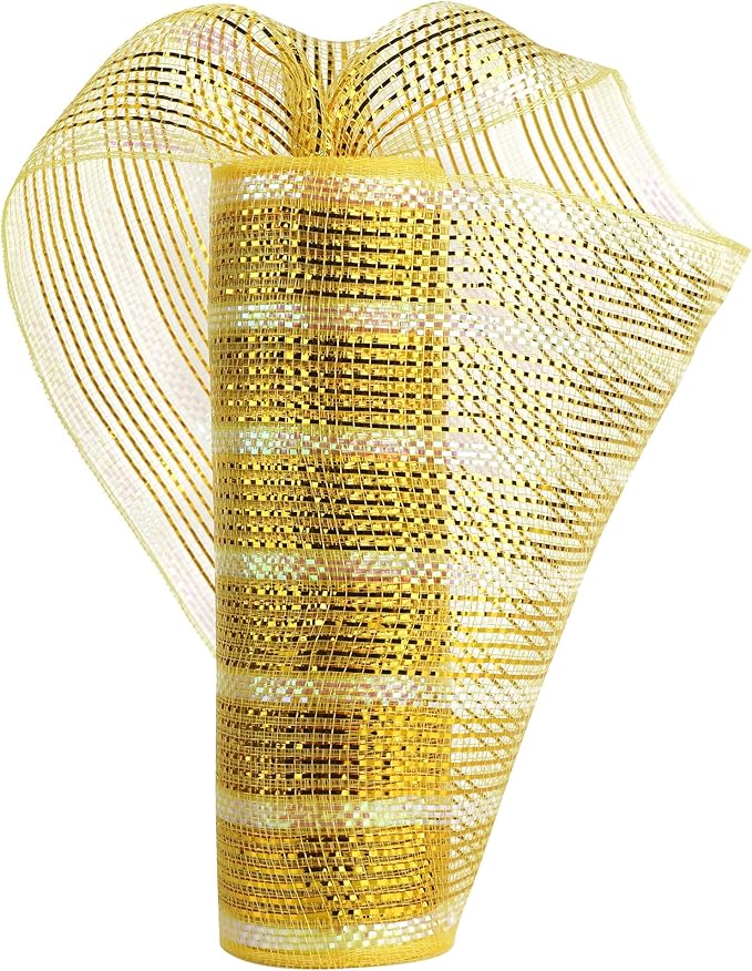 MEEDEE Gold Deco Mesh 10 Inch Deluxe Wide Foil & Iridescent Metallic Stripe Mesh Ribbon for Wreaths, Christmas Tree, Garland, Gift Wrapping, Bows Making (30 Feet)