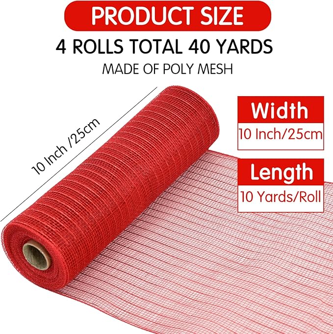 TONIFUL 4 Roll 10 Inch Red Striped Decorative Mesh Ribbon Rolls, Fabric Mesh with Foil for Wreaths Front Door Decor Christmas Festival Party Accessories Party Decoration Supplies (10yds/roll