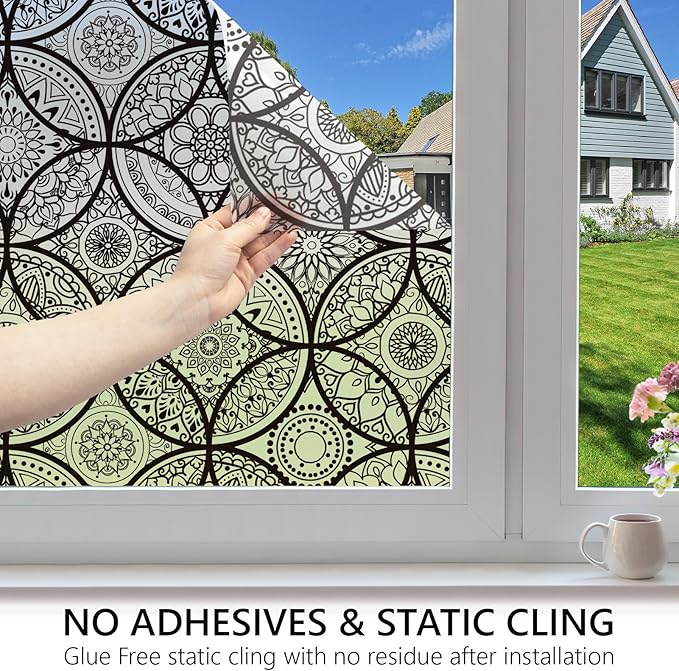 DKTIE Boho Stained Glass Look Window Privacy Film with Installation Tools, Decorative Frosted Glass Window Film Static Cling No Glue Removable, Pure Black, 35.4" x 78.7"