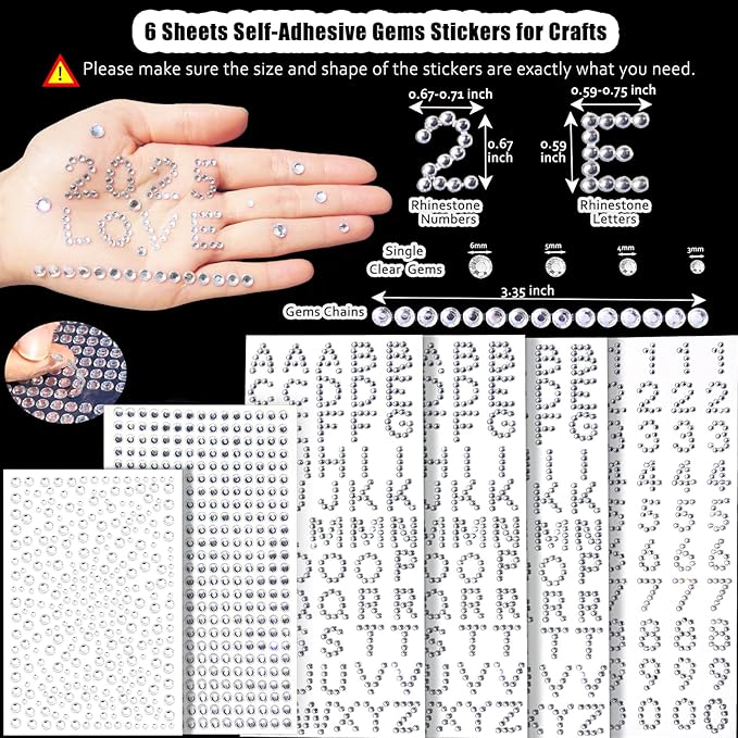565 Pcs Crafting Number Letter Gems Stickers, Self Adhesive Small Rhinestone Alphabet Letter Gems for Crafts, Stick On Gems Stickers for Grad Cap, Scrapbook, Crafting Art Decoration