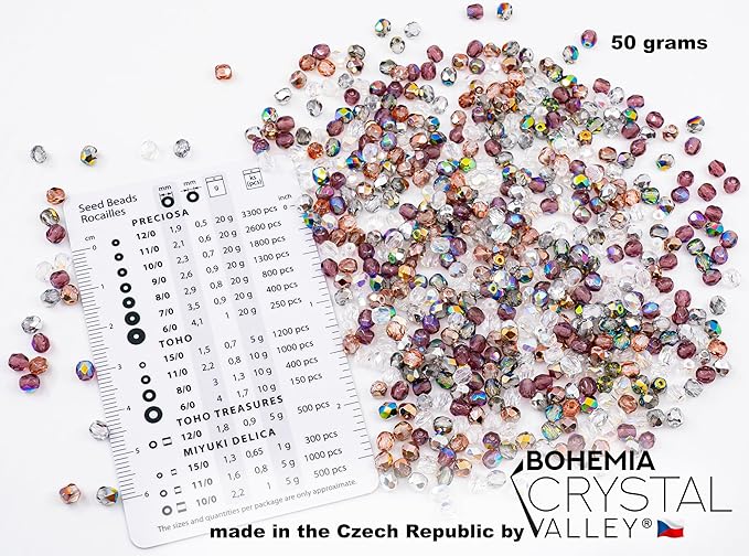 1.8 oz (50 g, cca 600pcs) Mix of Faceted Fire Polished Pressed Czech Glass Beads, Sparkling Shiny Mix