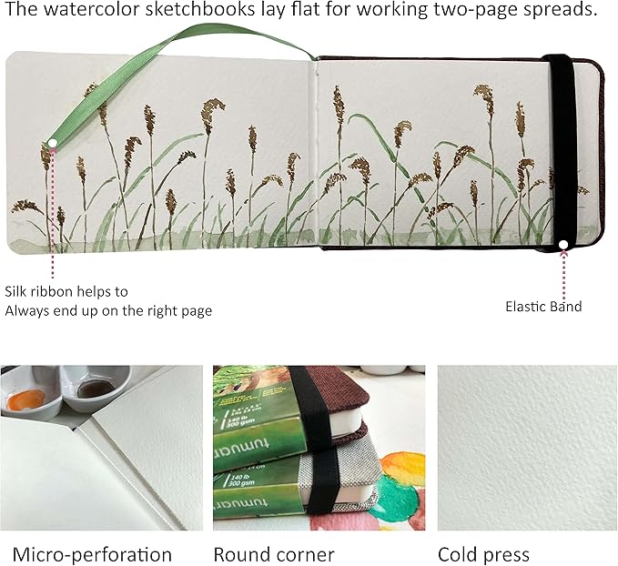 tumuarta Watercolor Journal, 8.25x5.5, 140 LB, 300 GSM, Cotton Paper, Cold Press, 24 Sheets, 48 Pages, Watercolor Paper Sketchbooks for Use As Travel Notebook and Mixed Media Pad