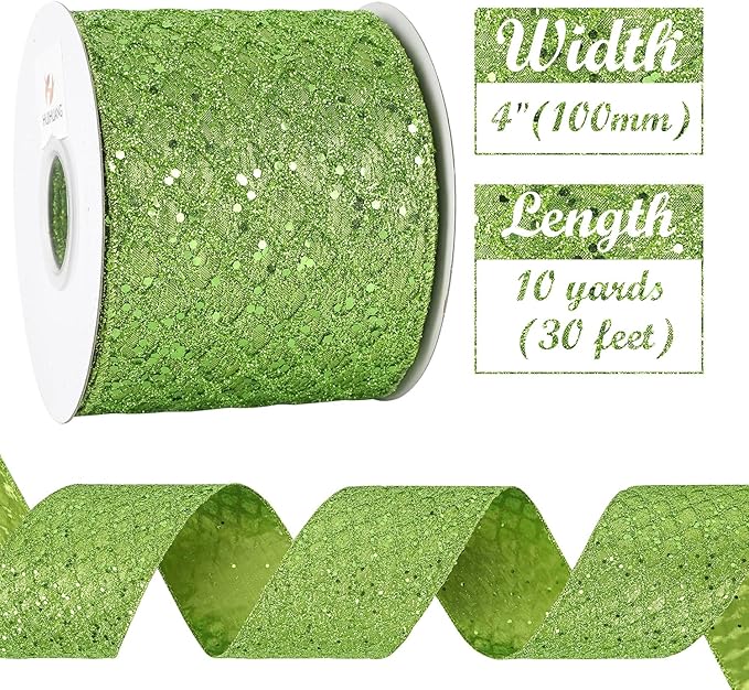 HUIHUANG Lime Green Glitter Wired Ribbon - 4 inch x 10 Yards (30 Feet) - Polyester Material - Perfect for Christmas, Halloween & More - Geometric Pattern - Wired Edges for Easy Shaping