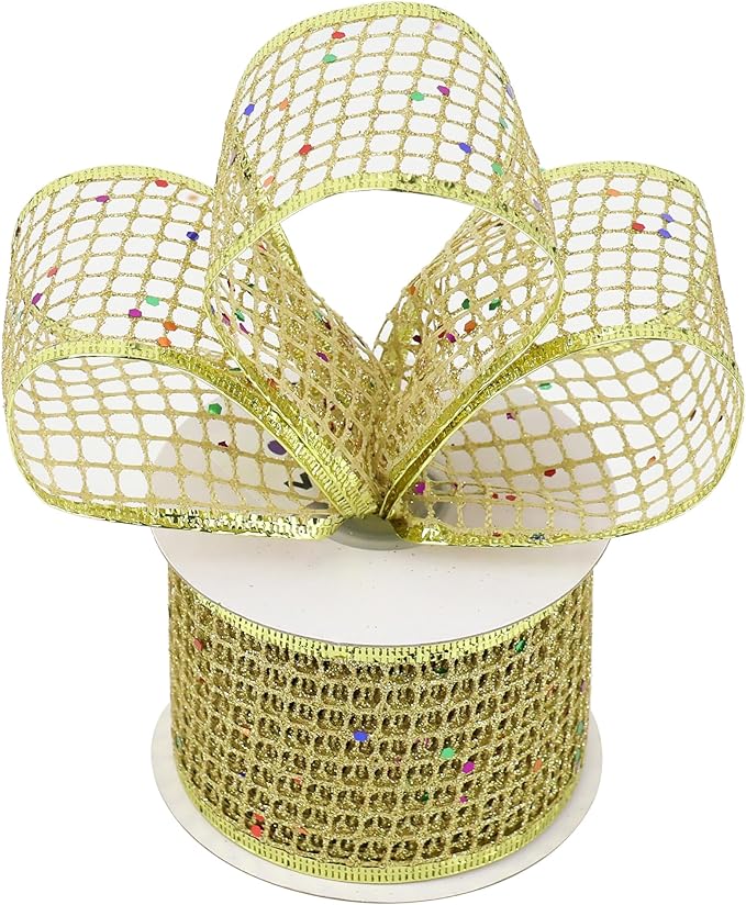 MEEDEE Gold Glitter Ribbon Gold Christmas Ribbon 2.5 Inch Square Mesh Net Wired Ribbon with Rainbow Sparkle Gold Wired Ribbon Gold Ribbon for Christmas Tree Decoration, Wreath Bow Making (10 Yards)