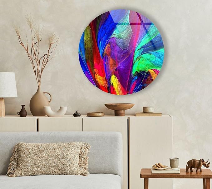 My Photostation.com 20''(50cm) Diameter Neon Colors Abstract Round Glass Wall Art Tempered Glass Printing Wall Decor Large Wall Art Wall Hangings