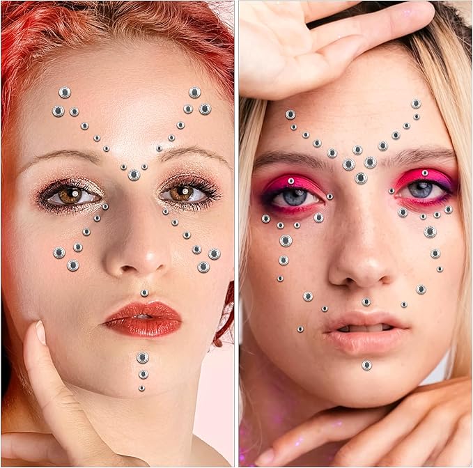 Self Adhesive Face Gems and Pearls for Makeup, Festival Jewels, Hair Gems Pearls, 3/4/5/6/8 mm Round Rhinestone Stickers for Face, Eye, Makeup, Body, Crafts 591Pcs (14_Clear)