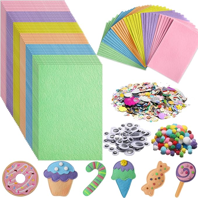 42Pcs Pastel Felt Fabric Sheets 8 x 12 Inch Pink Purple Blue Assorted Soft Thick Felt Pack with Wiggle Google Eyes Pom Poms Glitter Patchwork Craft Supply for DlY Sewing Creative Art Project Decor