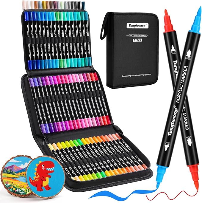 Tongfushop 72 Colors Acrylic Paint Markers, Dual Tip Acrylic Paint Pens with Brush Tip & Fine Tip, Wood Markers for Rock Painting, Wood, Canvas, Stone, Glass, Ceramic, DIY Crafts, Art Supplies