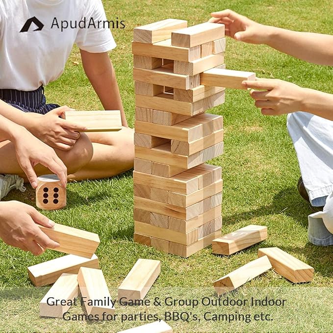 ApudArmis 54 PCS Tumble Timber Set [Up to 3.2FT], Pine Wooden Tumble Tower Game with Dice and Scoreboard Set - Classic Block Stacking Board Game for Teens Adults