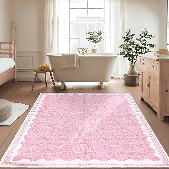 Scalloped 3x5 Rugs for Entryway, Small Area Rug Solid Pink Rug for Bedroom Girls, 3x5 Washable Rugs for Living Room, Non Slip Scalloped Bath Mat, Soft Dorm Nursery Carpet for Bedside