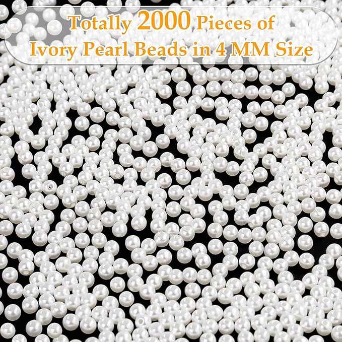 Pearl Beads for Craft, Anezus 2000pcs Ivory Faux Fake Pearls, 4 MM Small Sew on Pearl Beads with holes for Jewelry Making, Bracelets, Necklaces, Hairs, Crafts, Decoration and Vase Filler